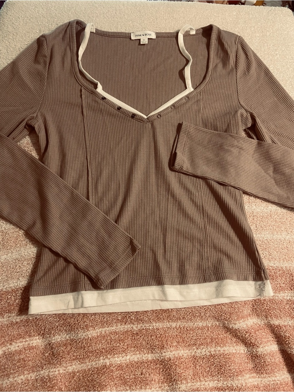 Pink Rose Taupe Ribbed Long-Sleeve Henley Top with White Trim